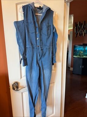 Ashley Stewart Hooded Denim Button-Front Jumpsuit - Blue
